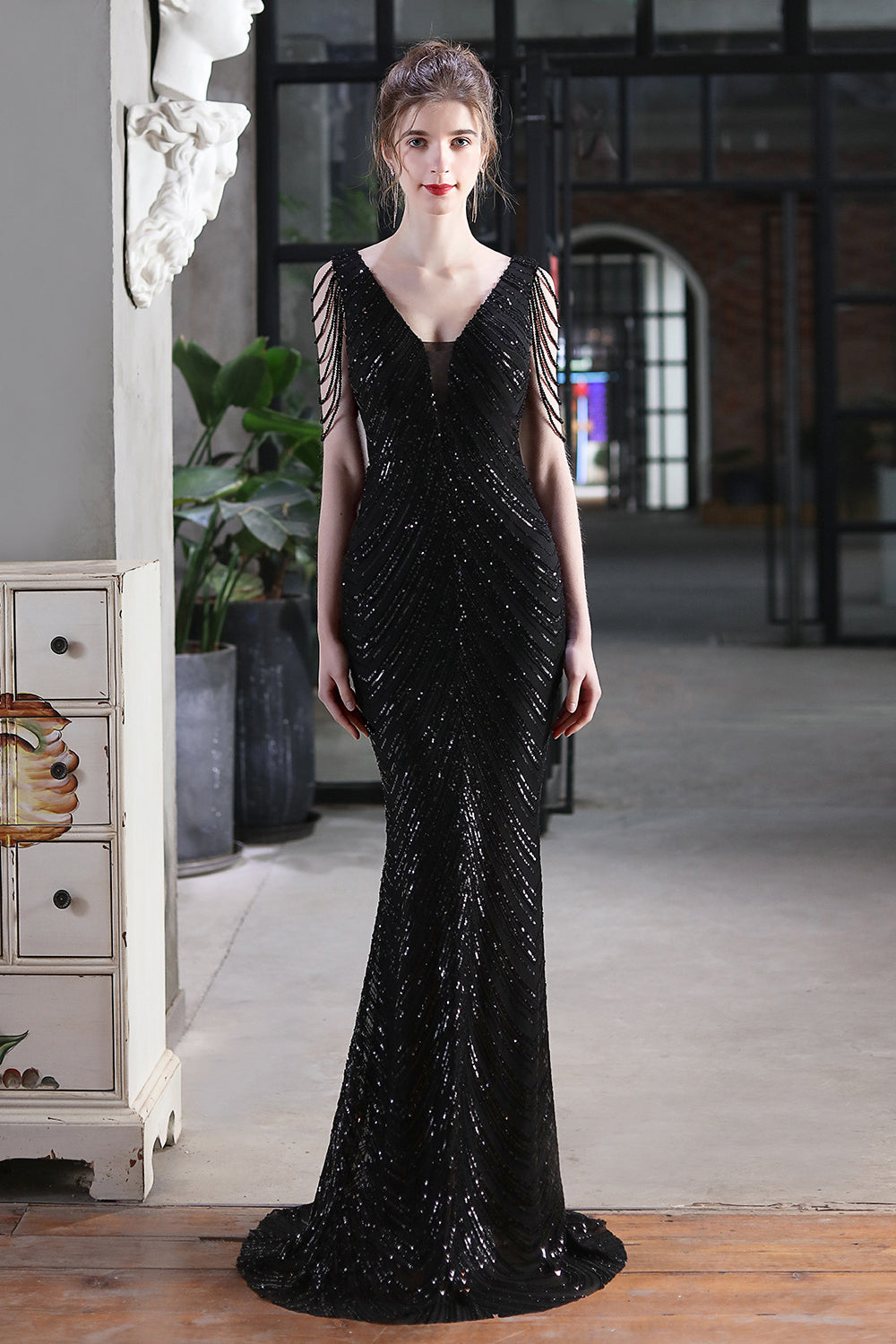 Fabulous V-Neck Mermaid Prom Dress With Long Sequins and Drop Beads on Shoulder-BallBride