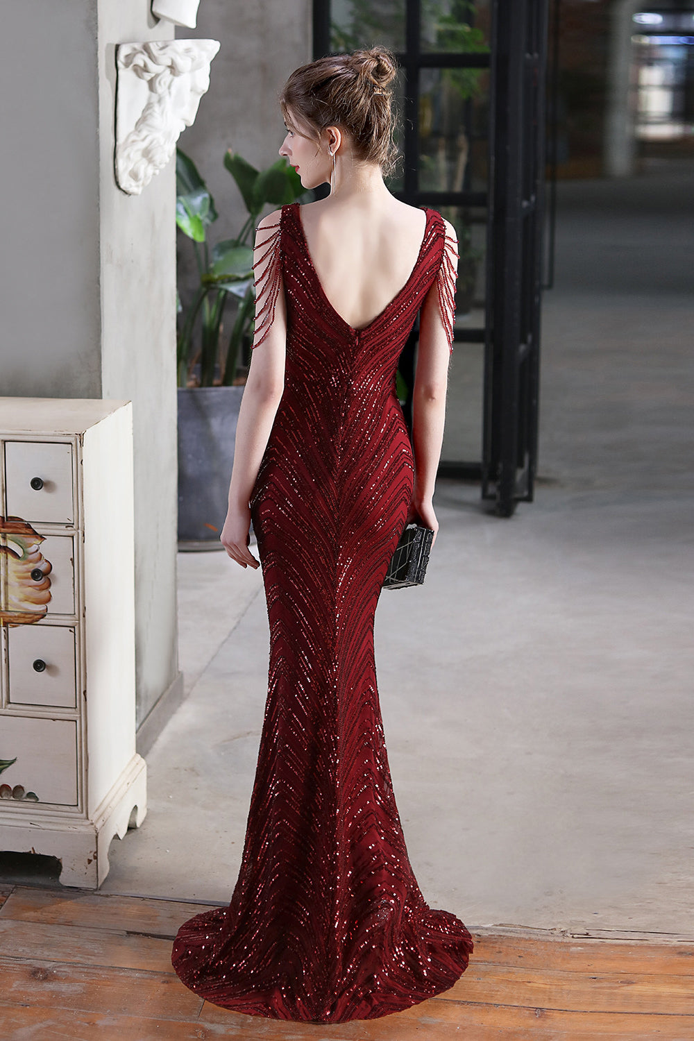 Fabulous V-Neck Mermaid Prom Dress With Long Sequins and Drop Beads on Shoulder-BallBride