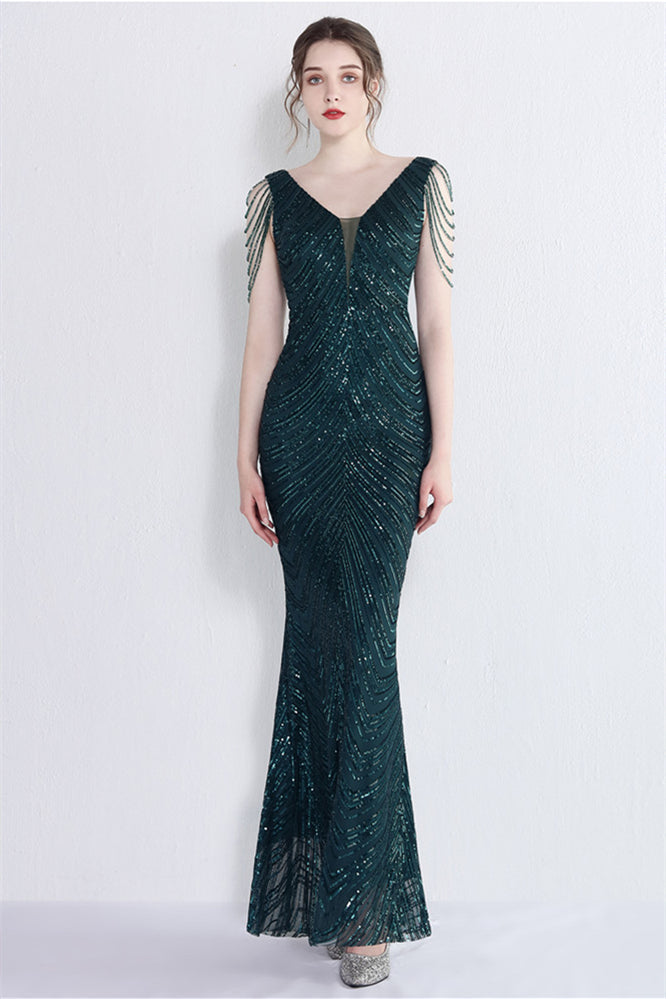 Fabulous V-Neck Mermaid Prom Dress With Long Sequins and Drop Beads on Shoulder-BallBride