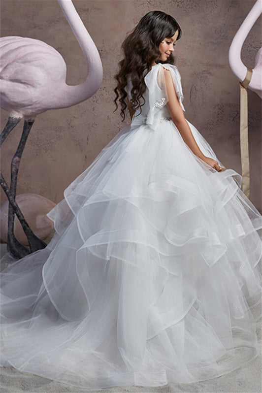 Fabulous White V-Neck Ruffles Sleeves Flower Girl Dress Tulle Online-BallBride