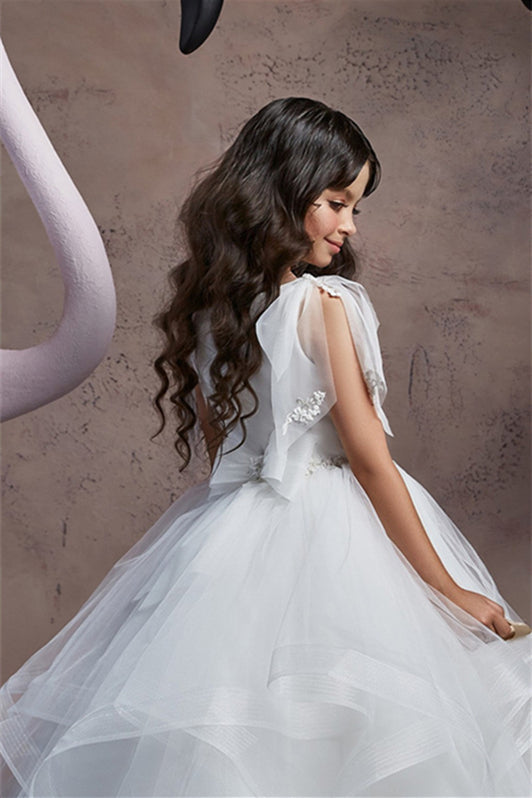 Fabulous White V-Neck Ruffles Sleeves Flower Girl Dress Tulle Online-BallBride