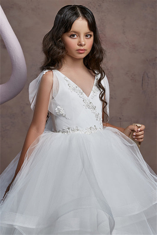 Fabulous White V-Neck Ruffles Sleeves Flower Girl Dress Tulle Online-BallBride