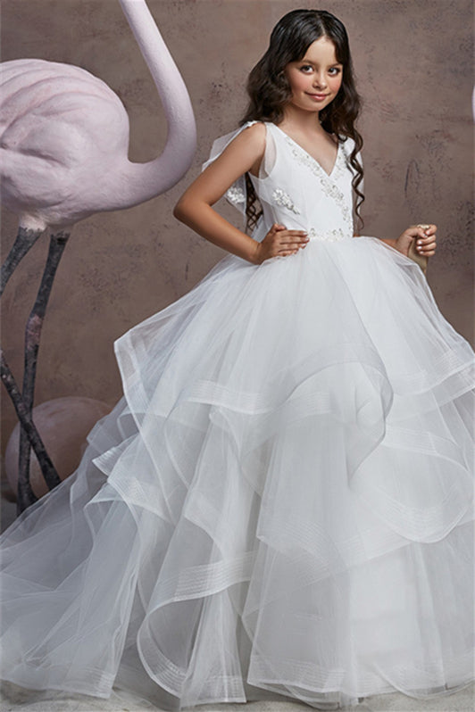 Fabulous White V-Neck Ruffles Sleeves Flower Girl Dress Tulle Online-BallBride