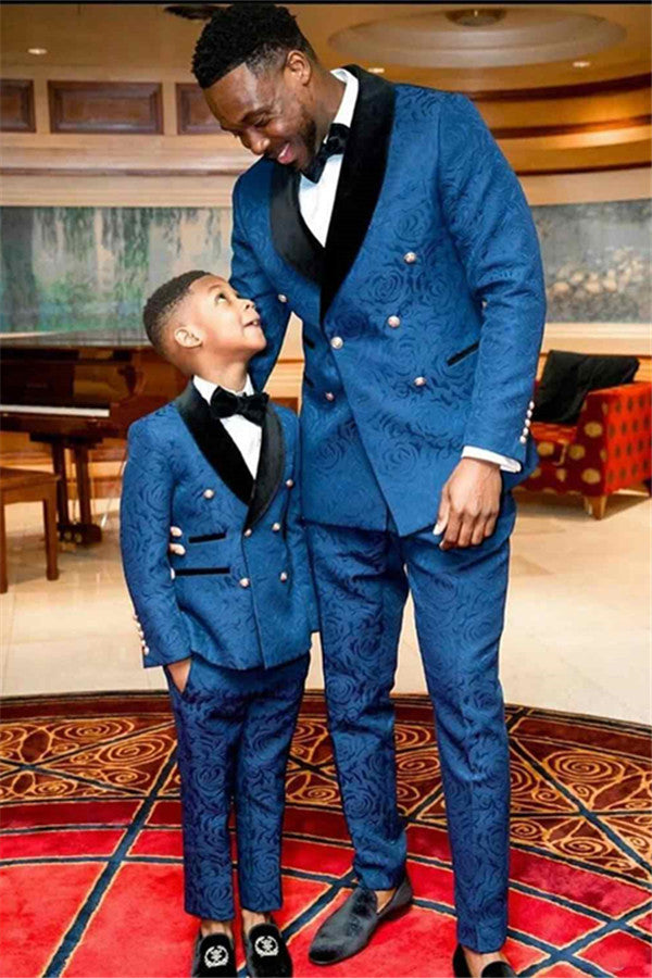 Fantastic Ocean Blue Jacquard Double Breasted Wedding Suit with Black Lapel for Men's Party-BallBride