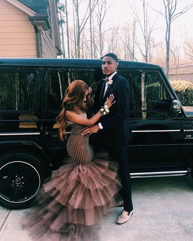 Fashion Brown Tulle Beadings Tiered Straps Prom Dress-BallBride
