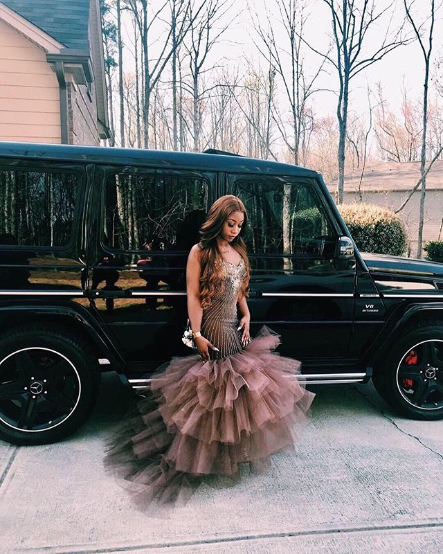 Fashion Brown Tulle Beadings Tiered Straps Prom Dress-BallBride