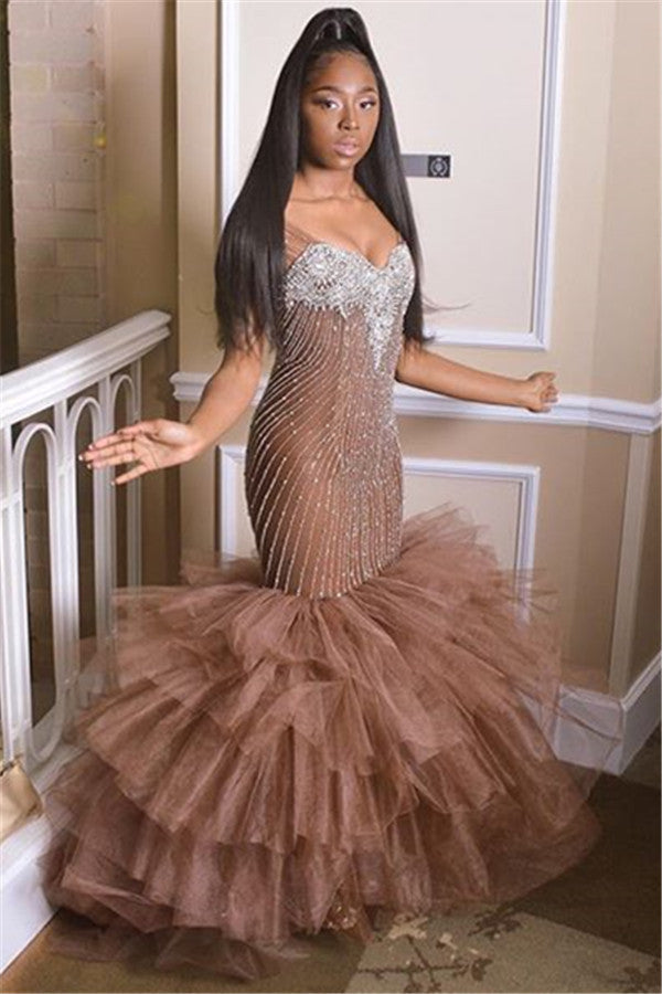 Fashion Brown Tulle Beadings Tiered Straps Prom Dress-BallBride