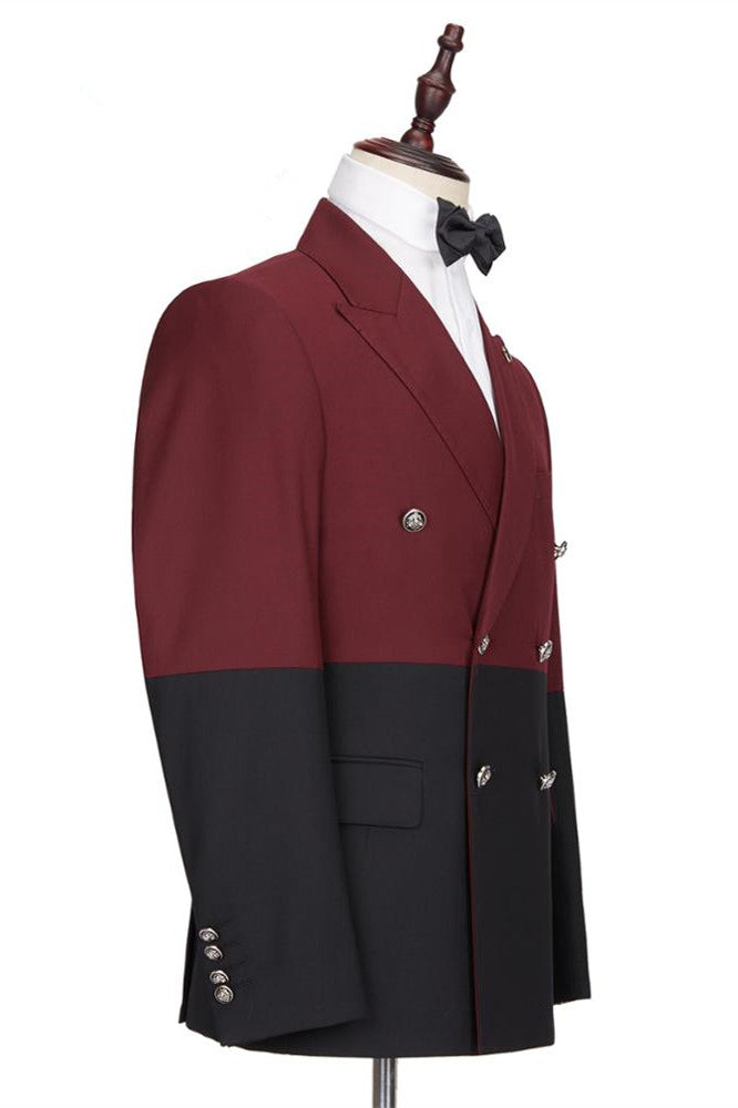 Fashion Burgundy & Black Peaked Lapel Double Breasted Party Prom Suit for Guys-BallBride