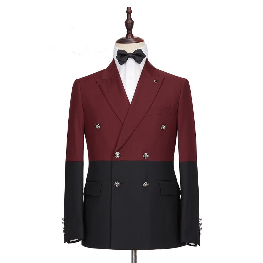 Fashion Burgundy & Black Peaked Lapel Double Breasted Party Prom Suit for Guys-BallBride