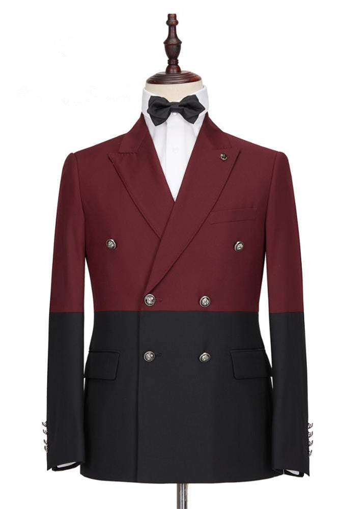Fashion Burgundy & Black Peaked Lapel Double Breasted Party Prom Suit for Guys-BallBride