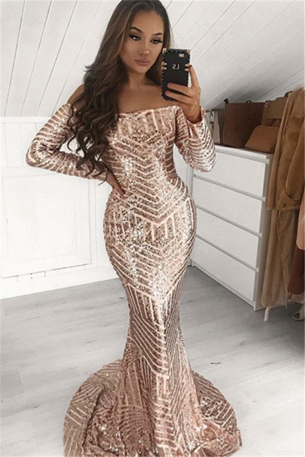 Fashion Champagne Sequins Long Sleeve Off-Shoulder Prom Dress-BallBride