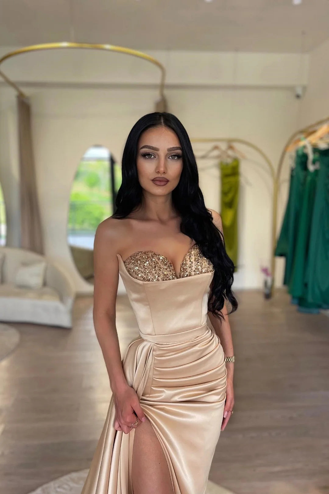 Fashion Champagne Sweetheart Sleeveless Mermaid Evening Dress Pleats Sequins With Split-BallBride