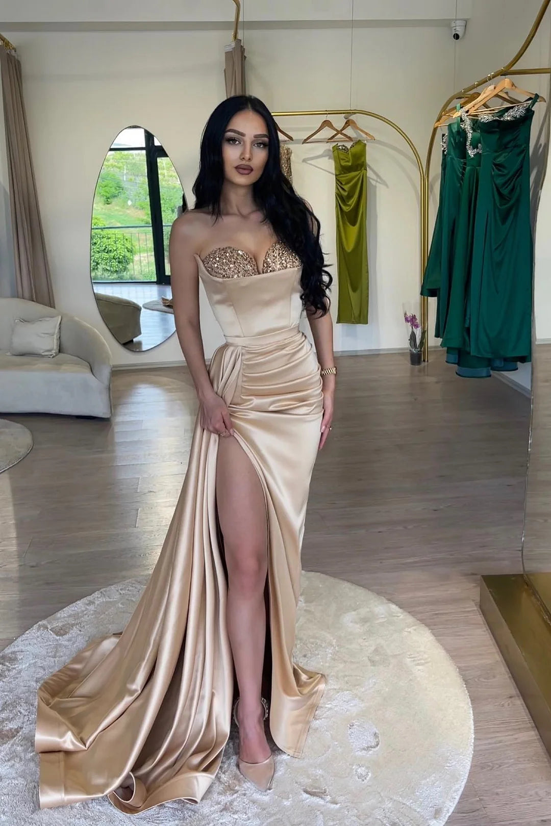 Fashion Champagne Sweetheart Sleeveless Mermaid Evening Dress Pleats Sequins With Split-BallBride