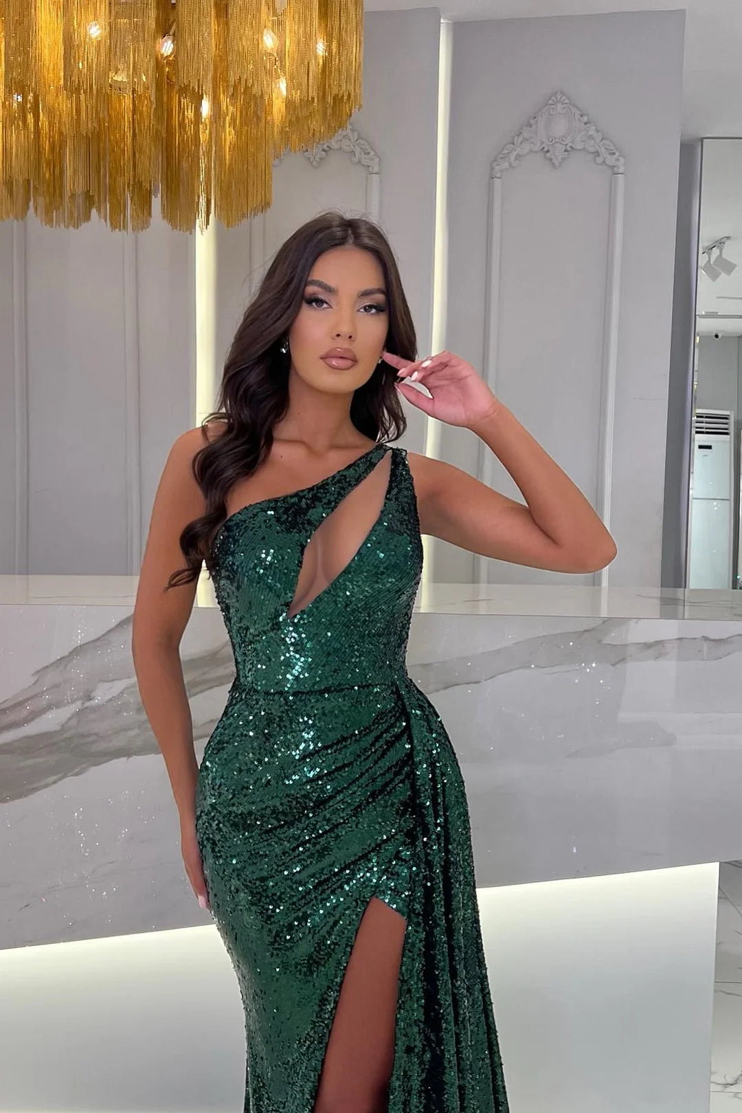 Fashion Emerald Green One Shoulder Sleeveless Mermaid Evening Dress Sequins With Split-BallBride