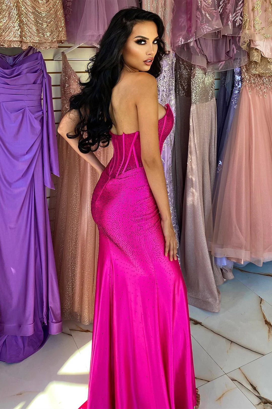 Fashion Fuchsia Sweetheart Sleeveless Mermaid Evening Dress With High Split-BallBride