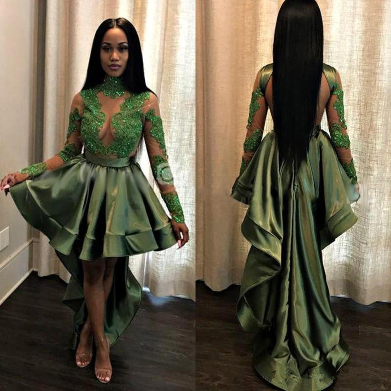Fashion Hi-lo Long Sleeves Appliques Backless A-Line Prom Dress-BallBride