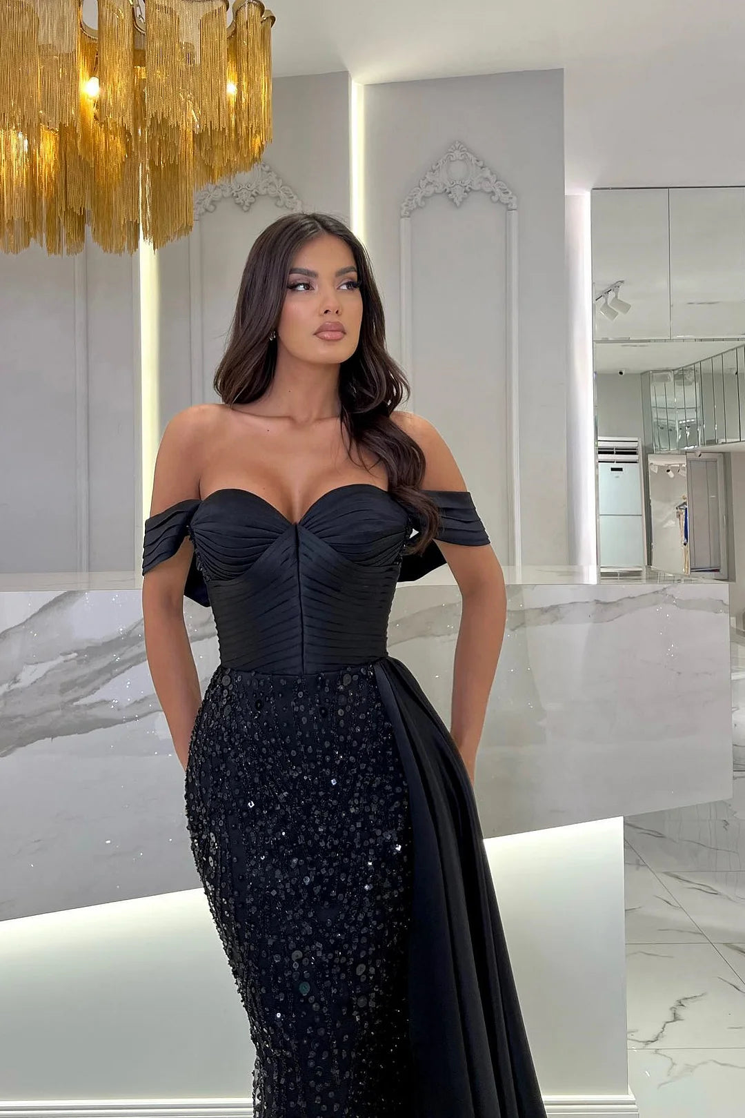 Fashion Off-The-Shoulder Sweetheart Mermaid Evening Dress Sequins With Ruffles-BallBride