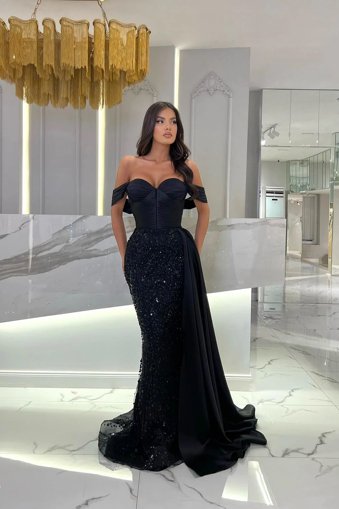 Fashion Off-The-Shoulder Sweetheart Mermaid Evening Dress Sequins With Ruffles-BallBride