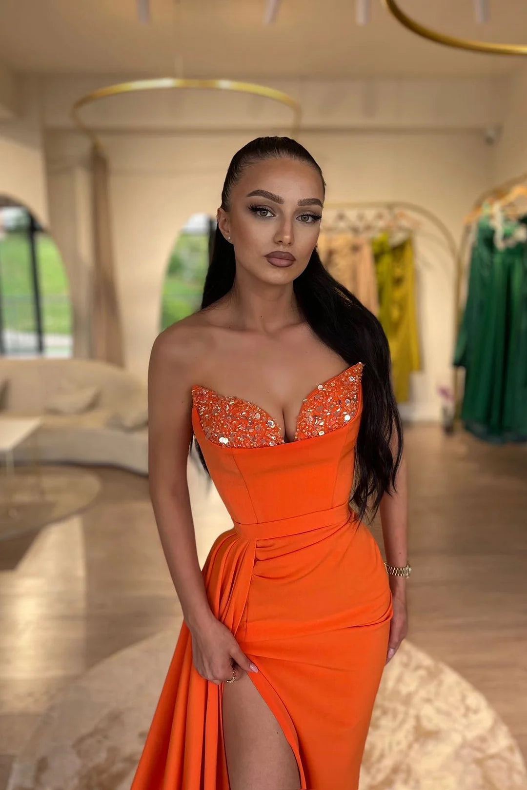 Fashion Orange Sweetheart Sleeveless Mermaid Evening Dress Sequins With Split-BallBride
