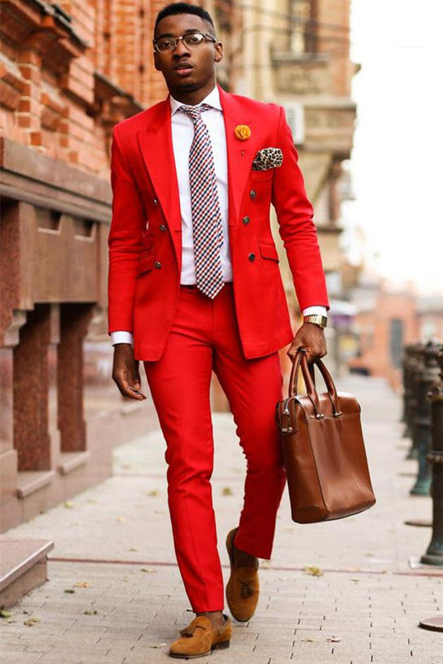 Fashion Peaked Lapel Red Double Breasted Groom Blazer-BallBride