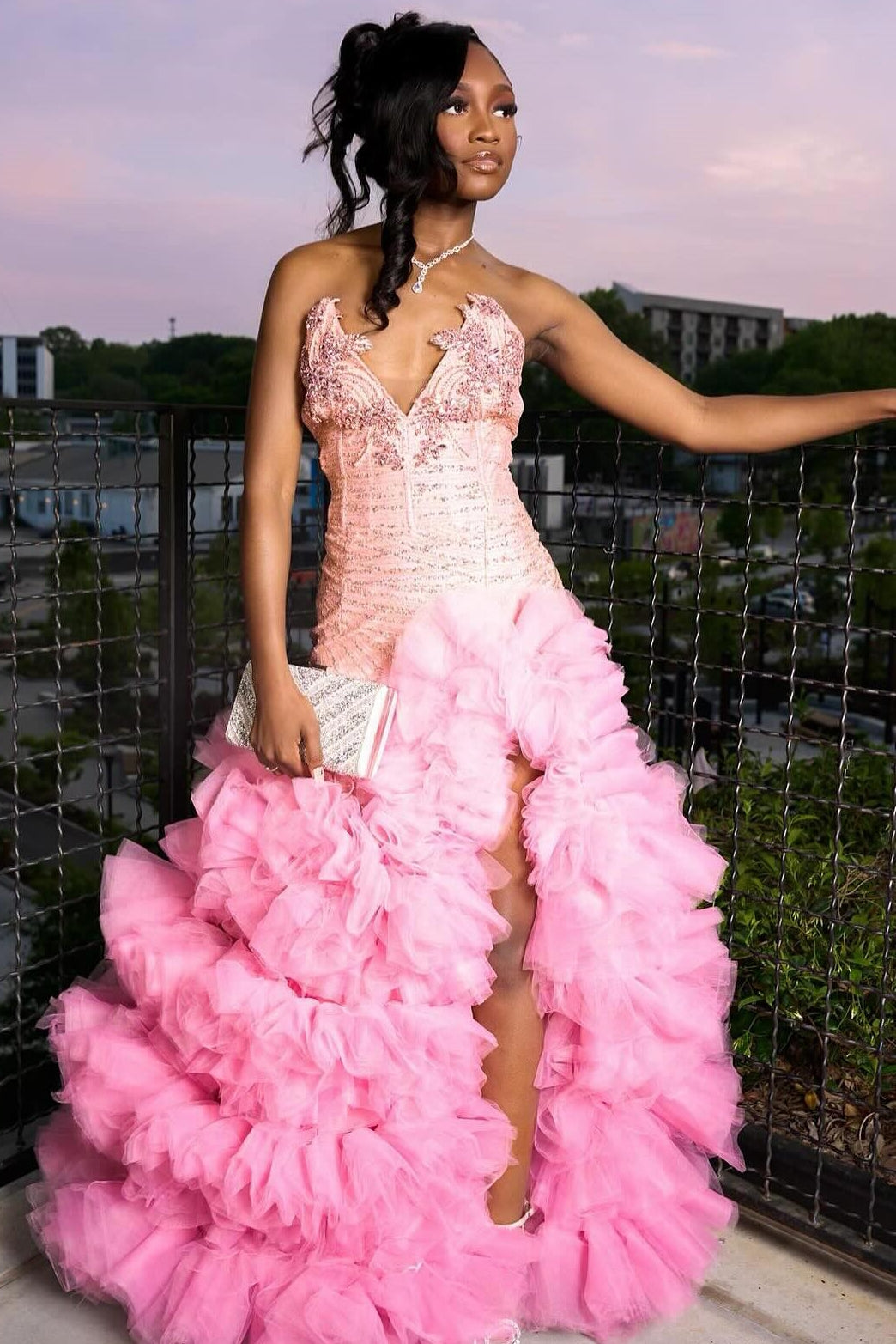 Fashion Pink Sweetheart Tiered Side Slit Appliques Prom Dress-BallBride
