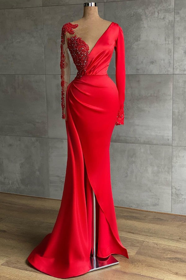 Fashion Red Long Sleeves Crystal Side Slit Ruffles Prom Dress-BallBride