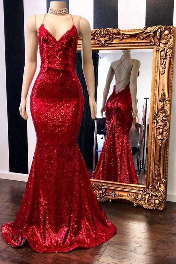 Fashion Red Spaghetti Straps Appliques Sequins Open Back Prom Dress-BallBride