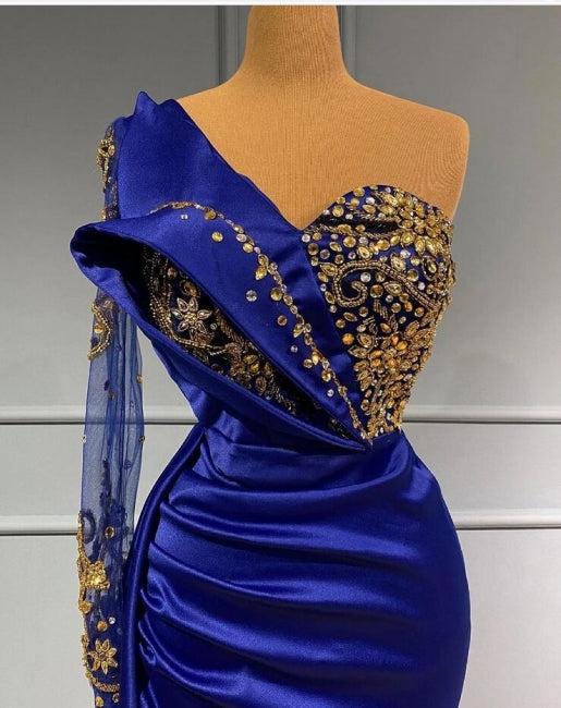 Fashion Royal Blue One-Shoulder Crystal Sheath Prom Dress-BallBride