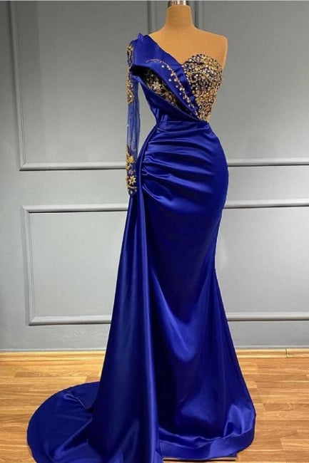 Fashion Royal Blue One-Shoulder Crystal Sheath Prom Dress-BallBride