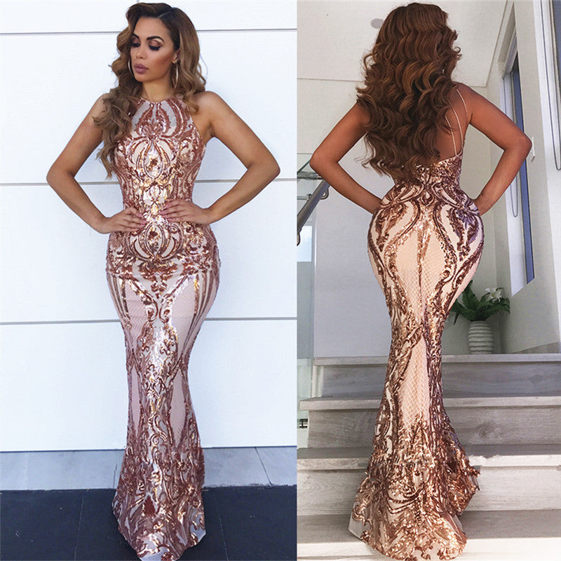Fashion Sheath Sequins Sleeveless Open Back Prom Dress-BallBride