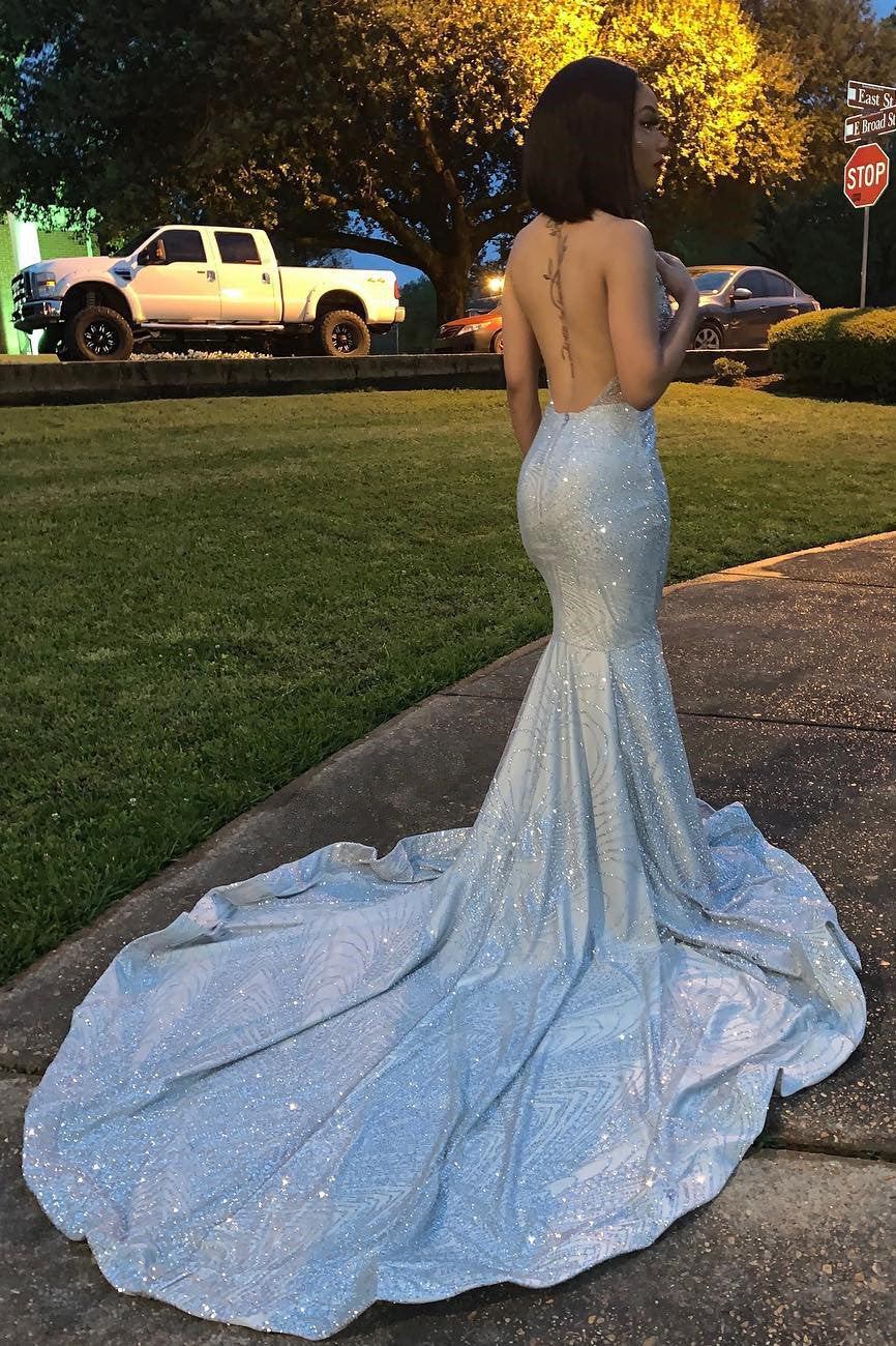 Fashion Silver Sequins High Neck Open Back Prom Dress-BallBride