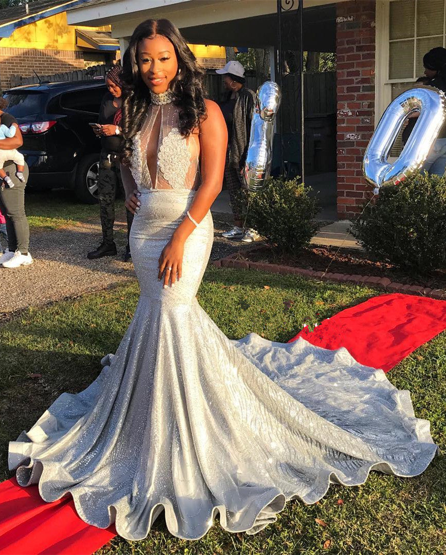 Fashion Silver Sequins High Neck Open Back Prom Dress-BallBride