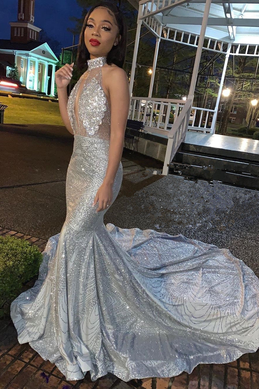 Fashion Silver Sequins High Neck Open Back Prom Dress-BallBride
