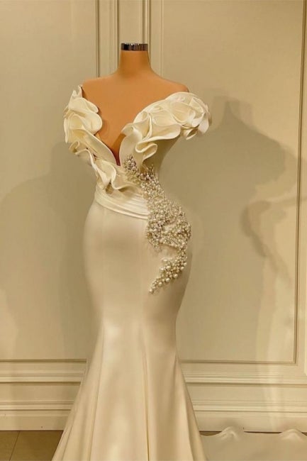 Fashion White Off-Shoulder Pearls Tiered Prom Dress-BallBride