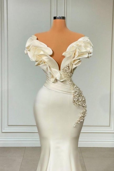 Fashion White Off-Shoulder Pearls Tiered Prom Dress-BallBride