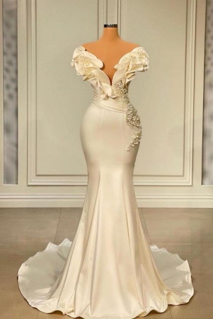 Fashion White Off-Shoulder Pearls Tiered Prom Dress-BallBride