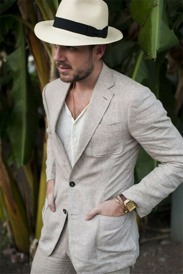 Fashionable Summer Khaki Linen Notched Lapel Wedding Suit for Men-BallBride