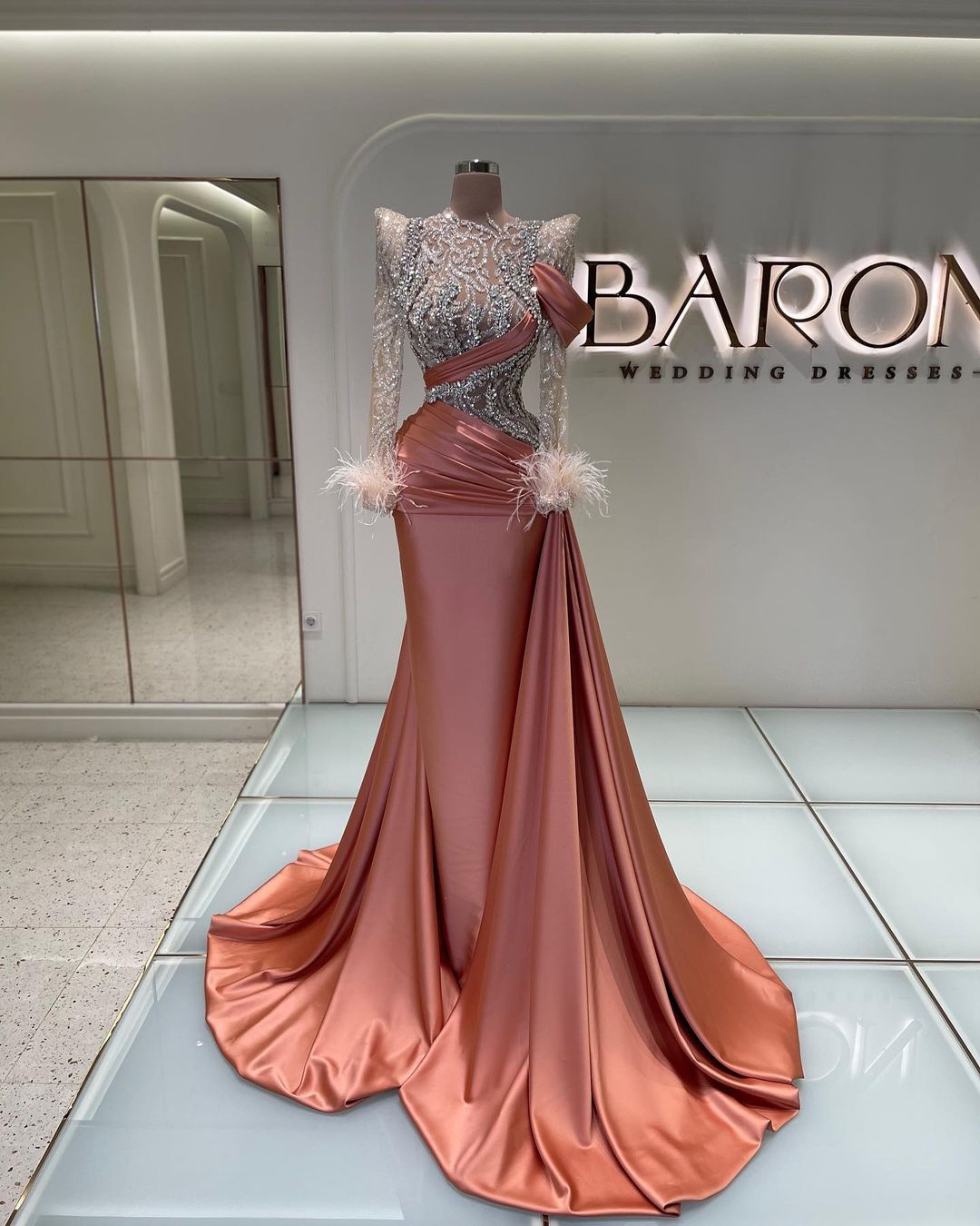 Feather Long Sleeve Sequins Diamond Prom Dress with Ruffles-BallBride