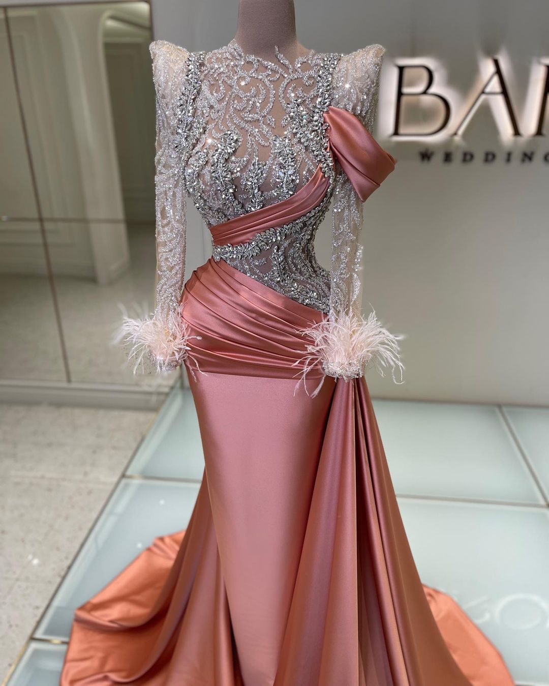Feather Long Sleeve Sequins Diamond Prom Dress with Ruffles-BallBride