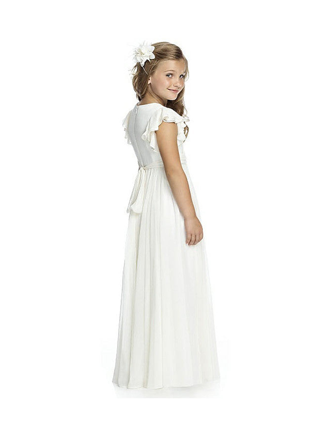 Floor-length Jewel Flower Girl Dresses with Ruffles and Short Sleeves-BallBride