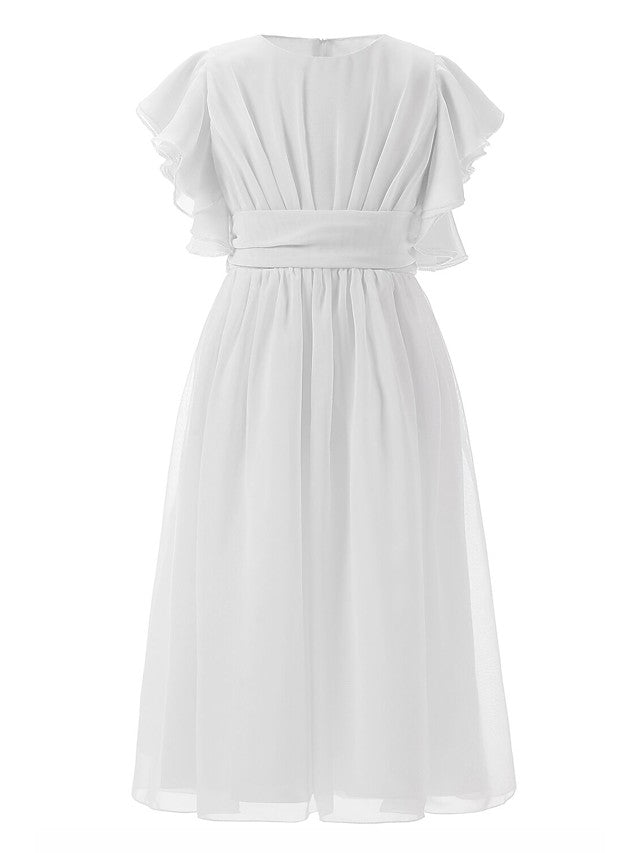 Floor-length Jewel Flower Girl Dresses with Ruffles and Short Sleeves-BallBride