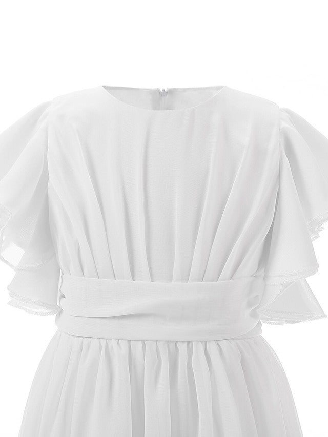Floor-length Jewel Flower Girl Dresses with Ruffles and Short Sleeves-BallBride
