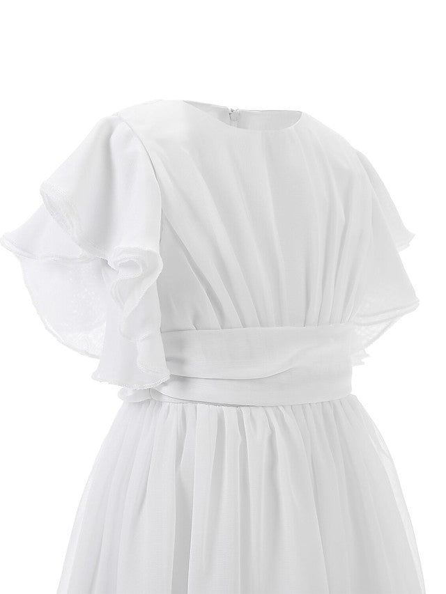 Floor-length Jewel Flower Girl Dresses with Ruffles and Short Sleeves-BallBride