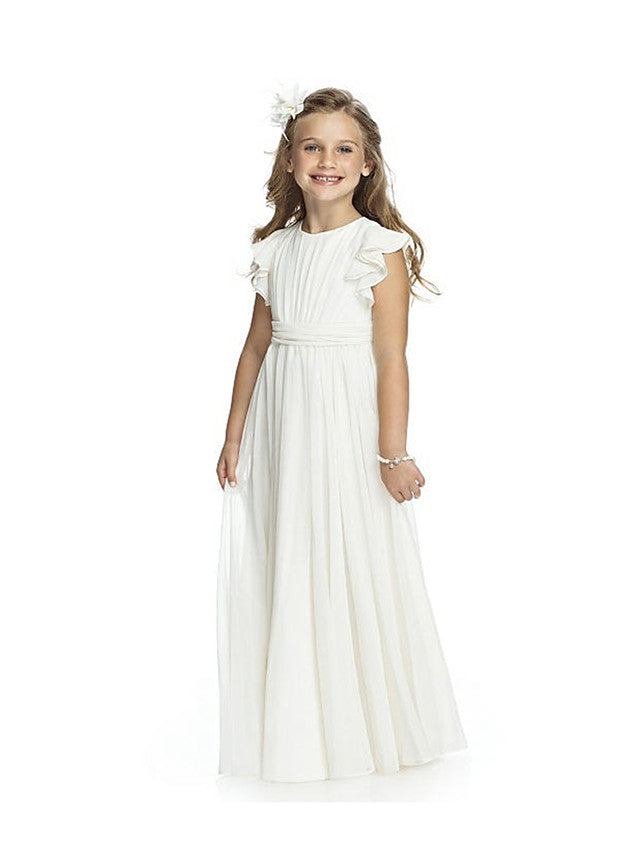 Floor-length Jewel Flower Girl Dresses with Ruffles and Short Sleeves-BallBride