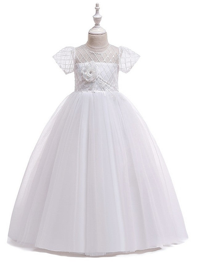 Flower Girl Dress with Bow Appliques - Short Sleeves Ball Gown Floor Length-BallBride