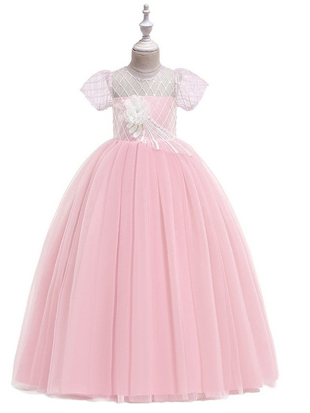 Flower Girl Dress with Bow Appliques - Short Sleeves Ball Gown Floor Length-BallBride