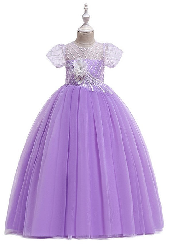 Flower Girl Dress with Bow Appliques - Short Sleeves Ball Gown Floor Length-BallBride