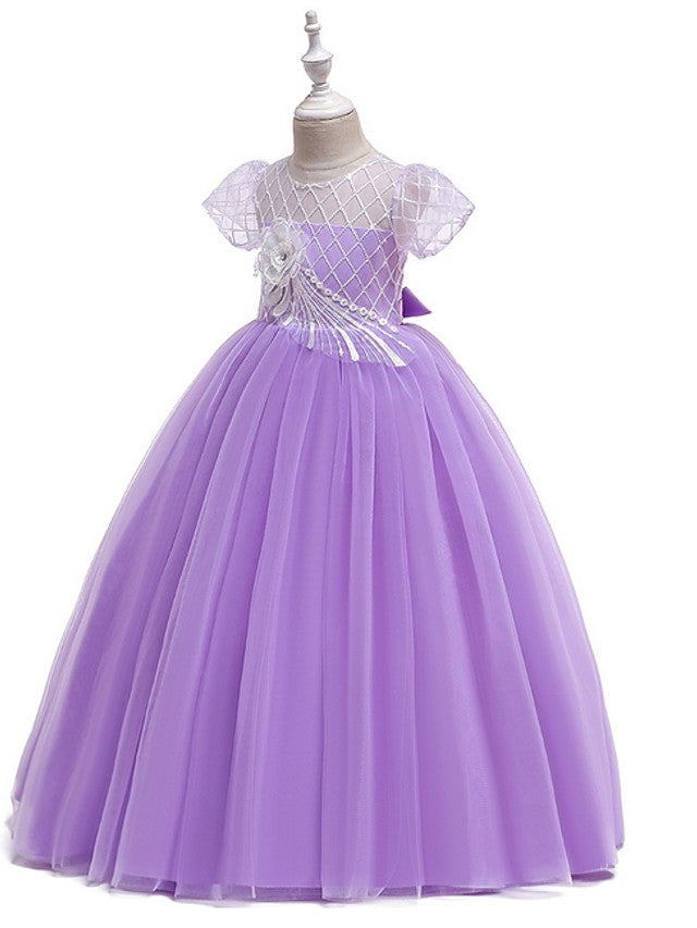 Flower Girl Dress with Bow Appliques - Short Sleeves Ball Gown Floor Length-BallBride
