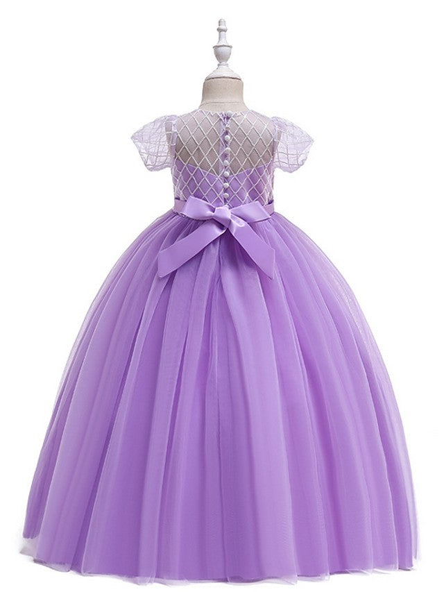 Flower Girl Dress with Bow Appliques - Short Sleeves Ball Gown Floor Length-BallBride
