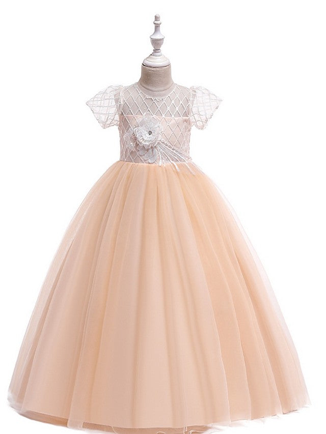 Flower Girl Dress with Bow Appliques - Short Sleeves Ball Gown Floor Length-BallBride